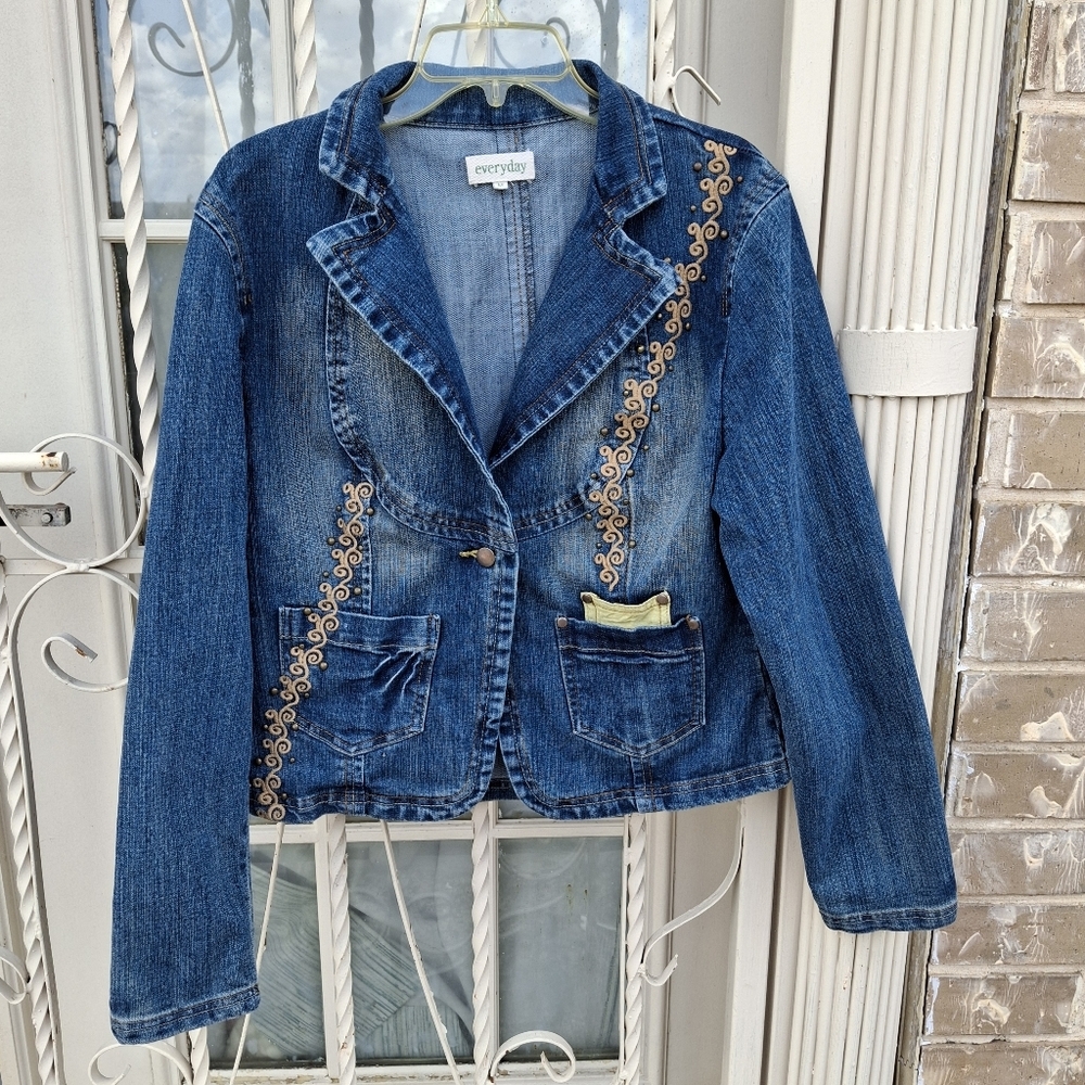 Embellished Denim Jacket Embroidered Studded Long Sleeve Blue  Women Size Medium